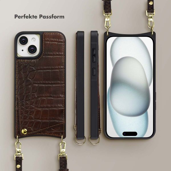Selencia Nova Croco HandyHülle mit Kordel und Kartenhalter Apple iPhone 15 - Choco Brown