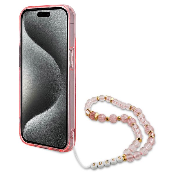 Guess MagSafe IML Flowers Case mit Beads Strap für das iPhone 15 - Pink