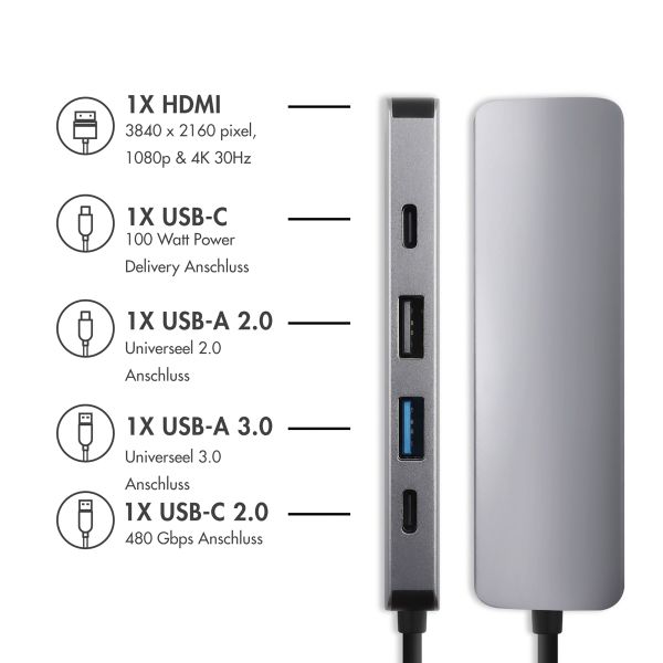 Accezz 5-in-1 USB-C Hub - 4K 30Hz Ultra HD - 100 Watt Laden - Dockingstation