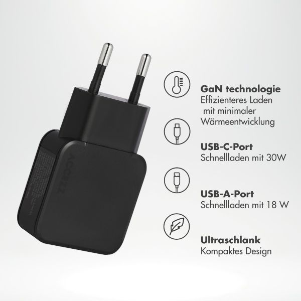 imoshion Powerbank 27.000 mAh + Accezz Ultra Slim GaN Ladegerät + Accezz USB-C- auf USB-C-Kabel - 1 Meter - Schwarz