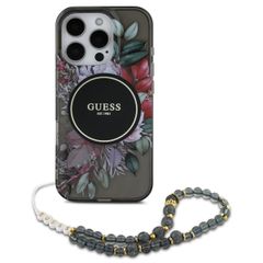 Guess MagSafe IML Flowers Case mit Beads Strap für das Apple iPhone 16 Pro - Black