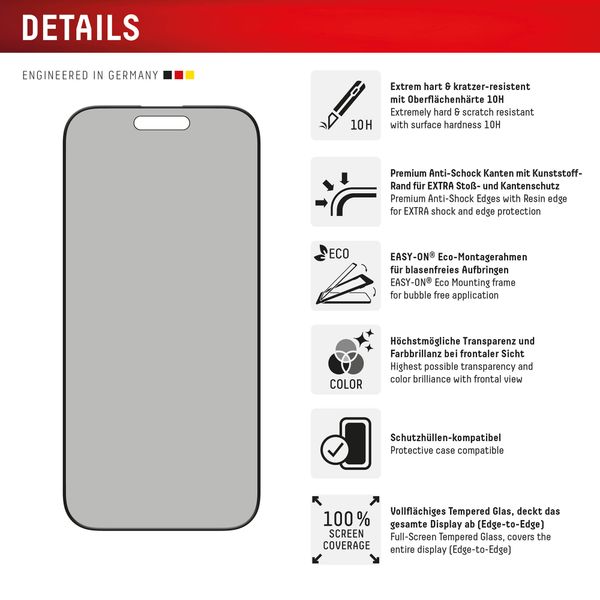 Displex Displayschutz aus gehärtetem Glas Privacy für das Apple iPhone 16 Pro Max
