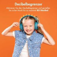 imoshion Kids Dino Bluetooth-Kopfhörer - Kinderkopfhörer mit Dezibelbegrenzer - Drahtloser Kopfhörer + AUX-Kabel - Petrol Green / Orange