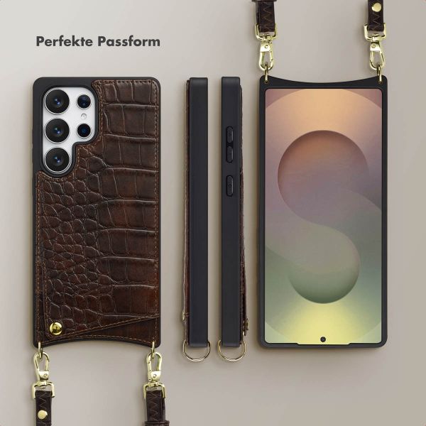 Selencia Nova Croco HandyHülle mit Kordel und Kartenhalter Samsung Galaxy S25 Ultra - Choco Brown
