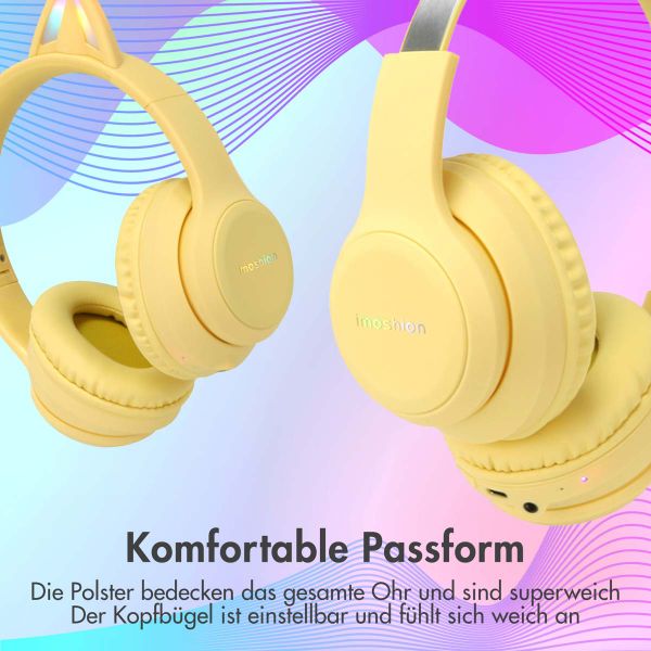 imoshion Kids LED Light Cat Ear Bluetooth-Kopfhörer - Kinderkopfhörer - Kabelloser Kopfhörer + AUX-Kabel - Gelbe