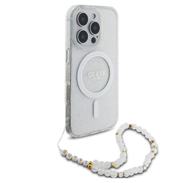 Guess MagSafe IML Glitter Case mit Beads Strap Apple iPhone 16 Pro Max - Transparent