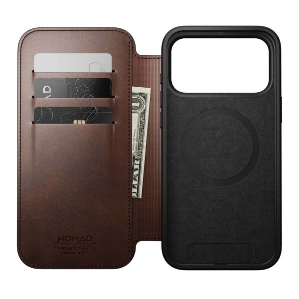 Nomad Modern Horween Leather Folio Bookcase mit MagSafe Apple iPhone 17 Pro Max - Rustic Brown
