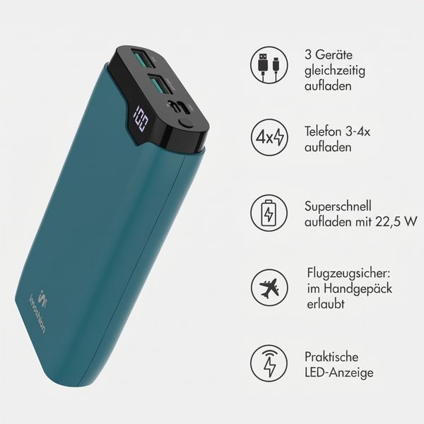 imoshion Powerbank 20.000 mAh - 22,5W Schnellladegerät - USB-C / USB-A - Petrol Green