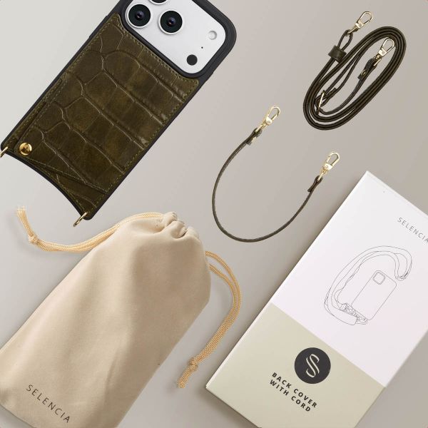 Selencia Nova Croco HandyHülle mit Kordel und Kartenhalter Apple iPhone 17 Pro - Dark Olive