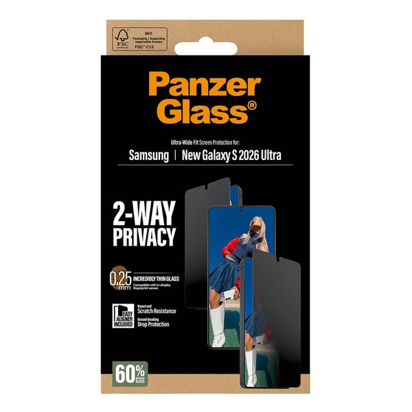 PanzerGlass Ultra Wide Fit Antibakterieller Screen Protector mit Sichtschutz inkl. Applikator Samsung Galaxy S26 Ultra