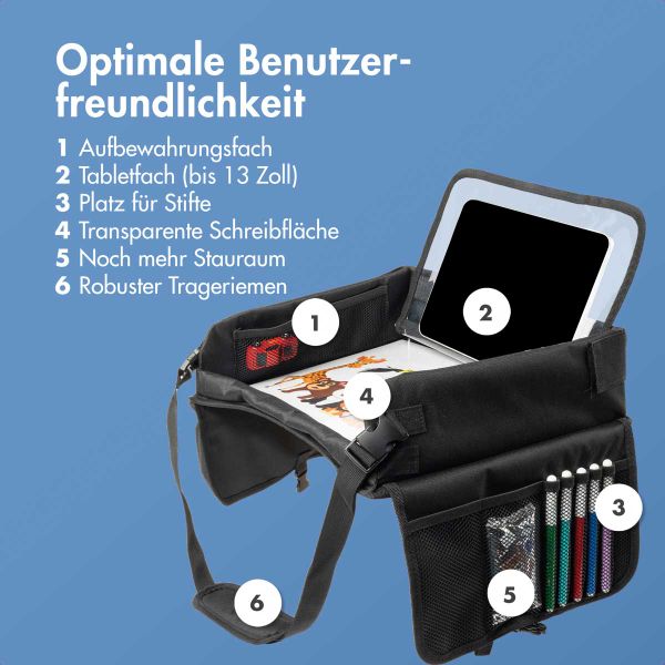 imoshion Reisetisch - Tablethalter Auto - 7 Aufbewahrungsfächer - Inklusive 2 Malvorlagen - Schwarz