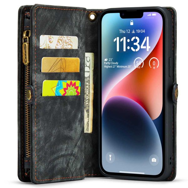 CaseMe Luxuriöse 2-in-1-Portemonnaie-Klapphülle Leder für das iPhone 14 - Schwarz