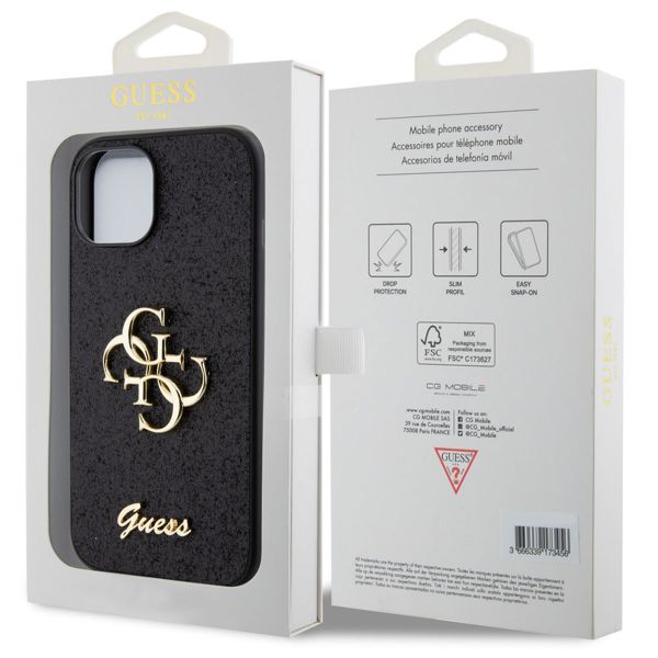 Guess 4G Metal Logo Back Cover mit Glitter Apple iPhone 15 - Schwarz