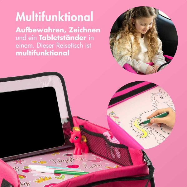 imoshion Reisetisch - Tablethalter Auto - 7 Aufbewahrungsfächer - Inklusive 2 Malvorlagen - Rosa