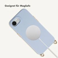 Selencia Rivièra MagSafe Backcover mit abnehmbaren Haken für das Apple iPhone 17e / 16e - Powder Blue + Lova Handykette - Burgundy