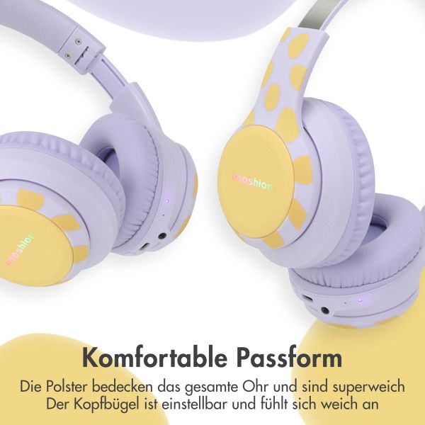 imoshion Kabellose Kinderkopfhörer Dino LED Light - Dezibelbegrenzer - Mit AUX-Kabel - Lavender Lilac / Yellow