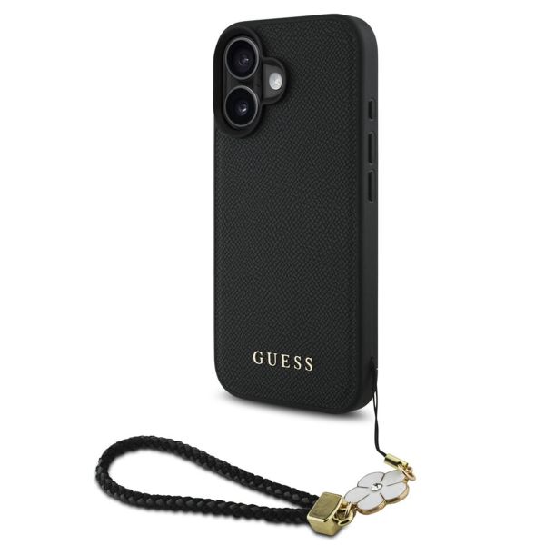 Guess Grained Back Cover MagSafe mit Flower Charm Strap Apple iPhone 16 - Schwarz