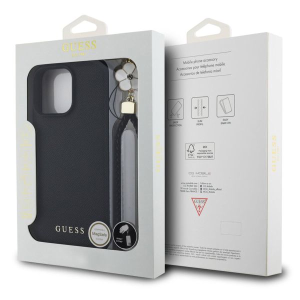 Guess Grained Back Cover MagSafe mit Flower Charm Strap für das iPhone 16 Pro Max - Schwarz