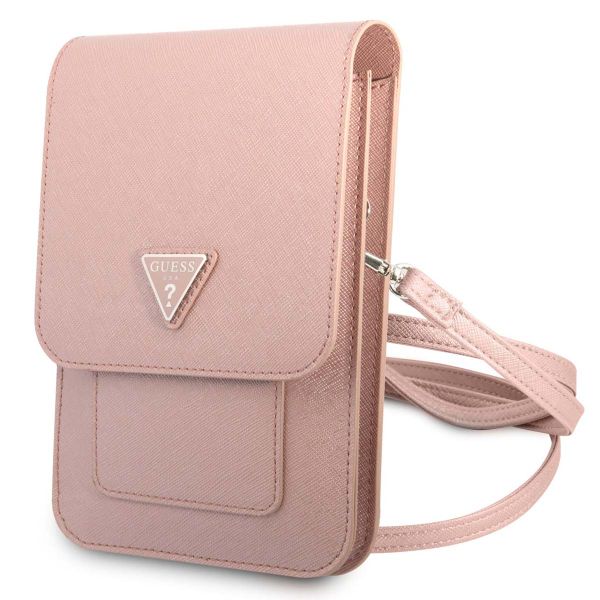 Guess Saffiano Triangle Handytasche - Geeignet für Smartphones bis 7 Zoll - Rosa