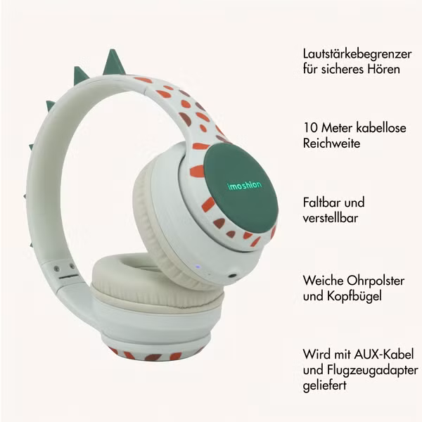 imoshion Kabellose Kinderkopfhörer Dino LED Light - Dezibelbegrenzer - Mit AUX-Kabel - Brown / Orange