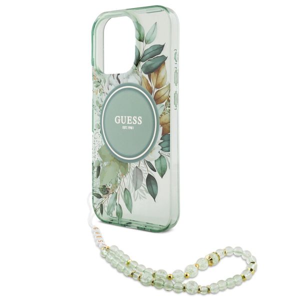 Guess MagSafe IML Flowers Case mit Beads Strap für das iPhone 16 Pro Max - Green