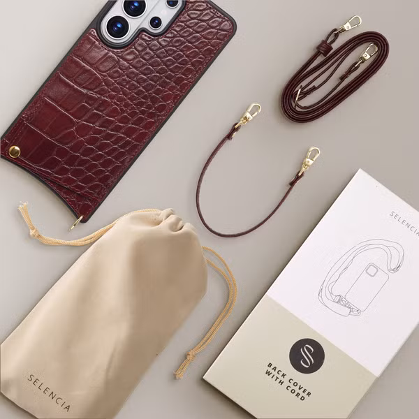Selencia Nova Croco HandyHülle mit Kordel und Kartenhalter Samsung Galaxy S26 Ultra - Burgundy