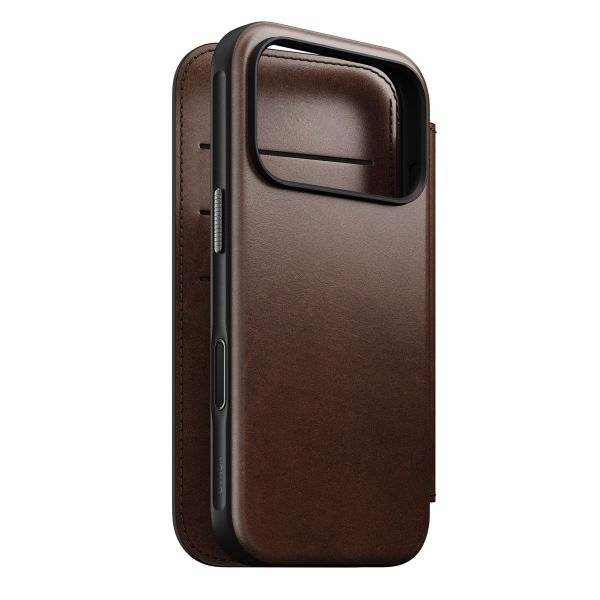 Nomad Modern Horween Leather Folio Bookcase mit MagSafe Apple iPhone 17 Pro - Rustic Brown