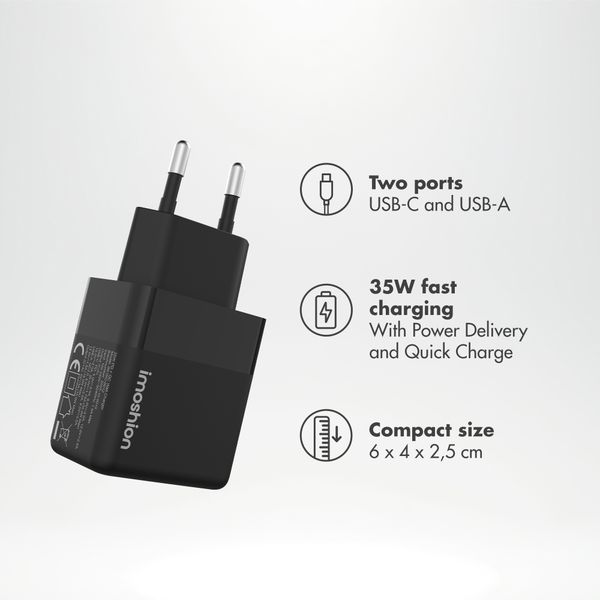 imoshion Wandladegerät - Ladegerät - USB-C + USB-A - Power Delivery und Quick Charge - 35W - Schwarz