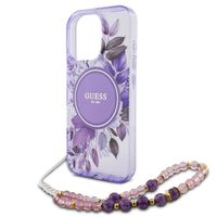 Guess MagSafe IML Flowers Case mit Beads Strap für das iPhone 16 Pro Max - Purple