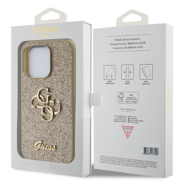 Guess 4G Metal Logo Back Cover mit Glitter für das iPhone 15 Pro - Gold