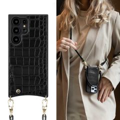 Selencia Nova Croco HandyHülle mit Kordel und Kartenhalter Samsung Galaxy S24 Ultra - Schwarz