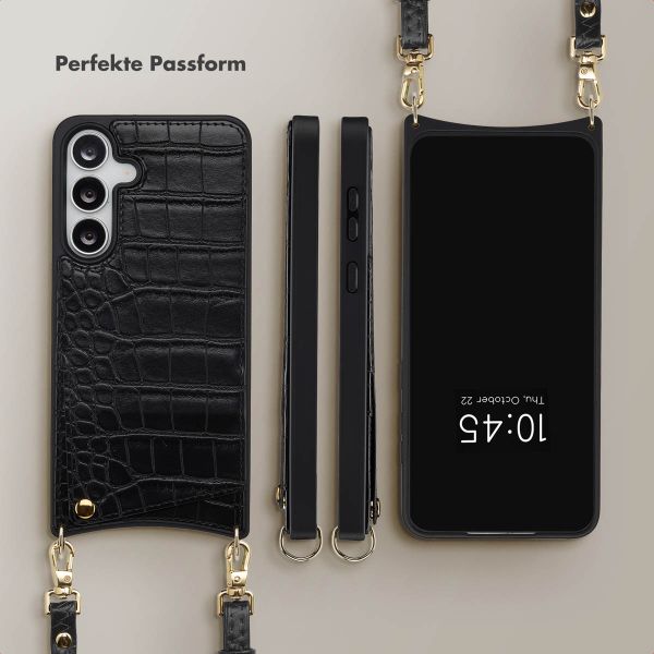 Selencia Nova Croco HandyHülle mit Kordel und Kartenhalter Samsung Galaxy S25 FE - Schwarz