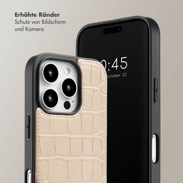 Selencia Nova Croco Back Cover mit Band und Kartenfach für das iPhone 16 Pro - Beige