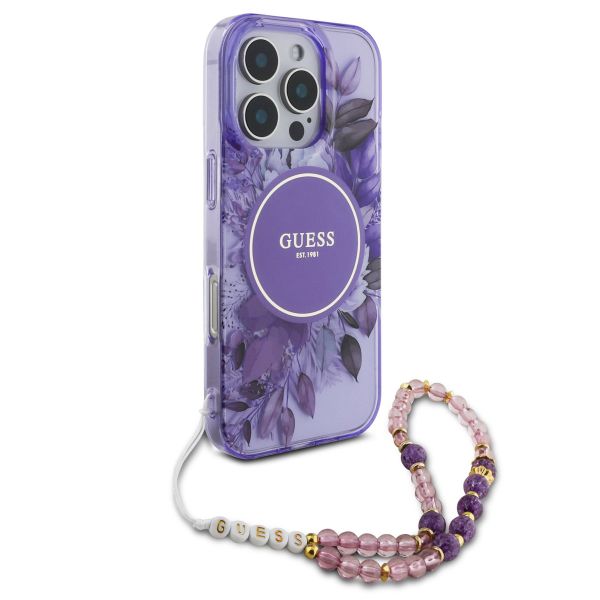 Guess MagSafe IML Flowers Case mit Beads Strap Apple iPhone 16 Pro Max - Purple