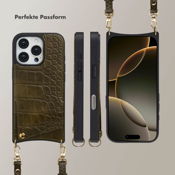 Selencia Nova Croco HandyHülle mit Kordel und Kartenhalter Apple iPhone 16 Pro - Dark Olive