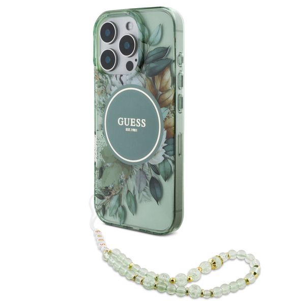 Guess MagSafe IML Flowers Case mit Beads Strap für das iPhone 15 Pro Max - Green