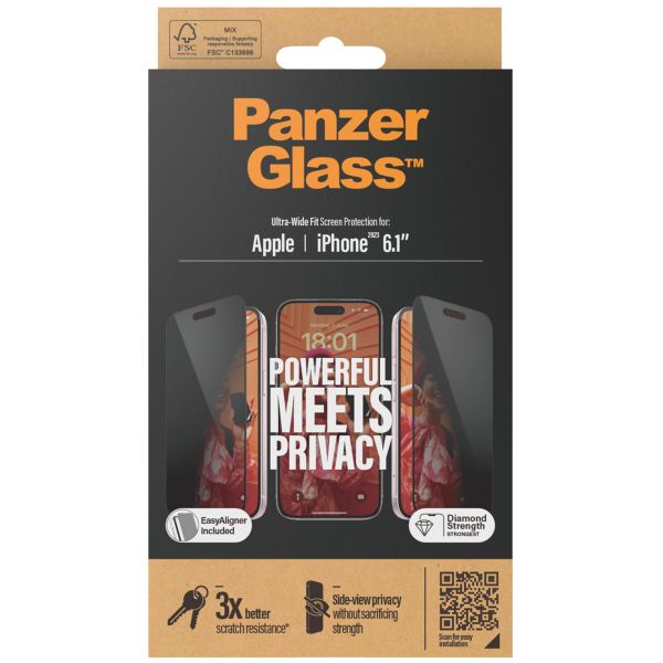 PanzerGlass Ultra Wide Fit Antibakterieller Screen Protector mit Sichtschutz inkl. Applikator für das iPhone 15