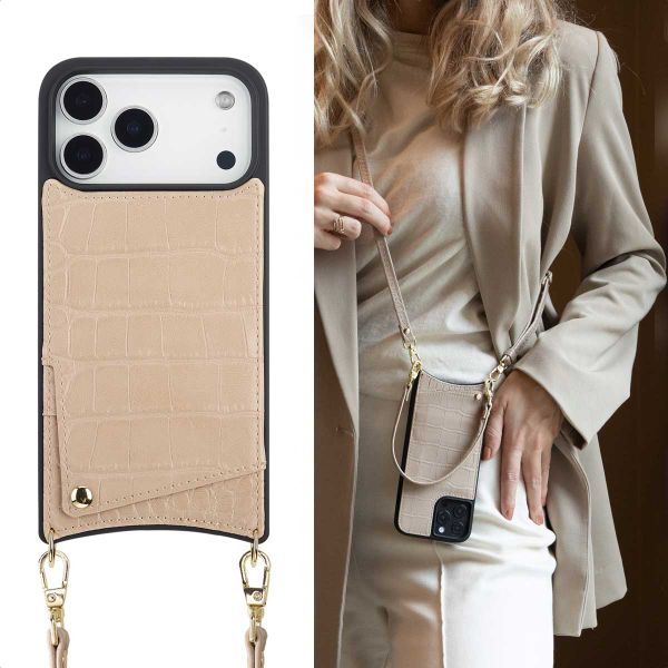 Selencia Nova Croco HandyHülle mit Kordel und Kartenhalter Apple iPhone 18 Pro / 17 Pro - Beige