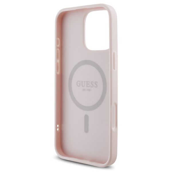 Guess Grained Back Cover MagSafe mit Flower Charm Strap für das iPhone 16 Pro - Rosa