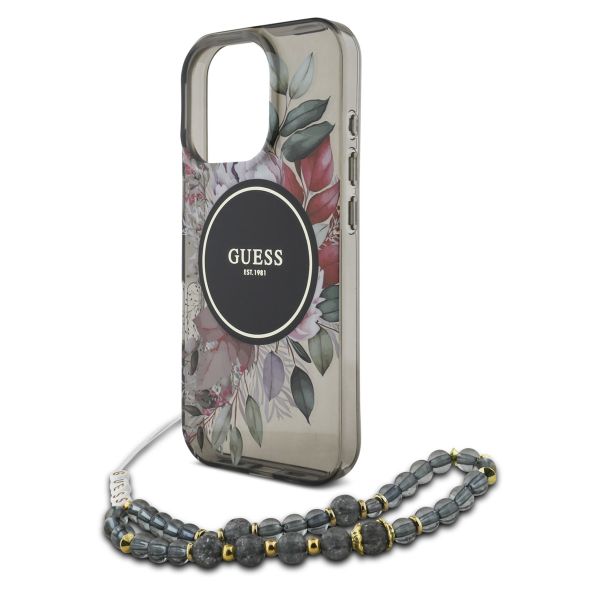 Guess MagSafe IML Flowers Case mit Beads Strap Apple iPhone 16 Pro Max - Schwarz