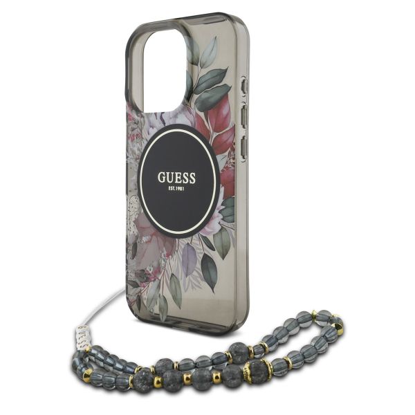 Guess MagSafe IML Flowers Case mit Beads Strap für das iPhone 16 Pro Max - Black