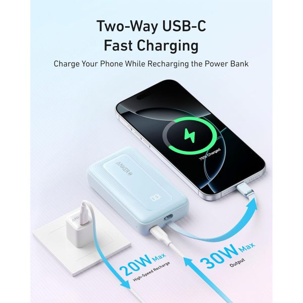 Anker Zolo Powerbank | 20.000 mAh - 30 Watt - Mit integriertem USB-C Kabel - Schwarz