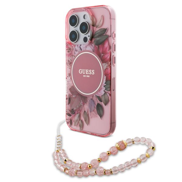 Guess MagSafe IML Flowers Case mit Beads Strap für das iPhone 15 Pro - Pink