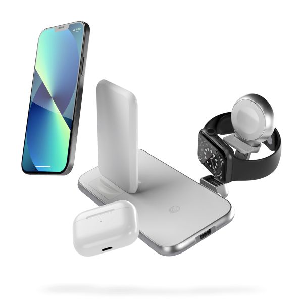 Zens Kabellose Ladestation 4-in-1 - Aluminium Serie - Kabelloser Ladeständer + Apple Watch - Weiß