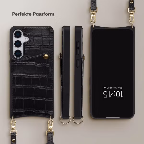 Selencia Nova Croco HandyHülle mit Kordel und Kartenhalter Samsung Galaxy S24 / S25 - Schwarz