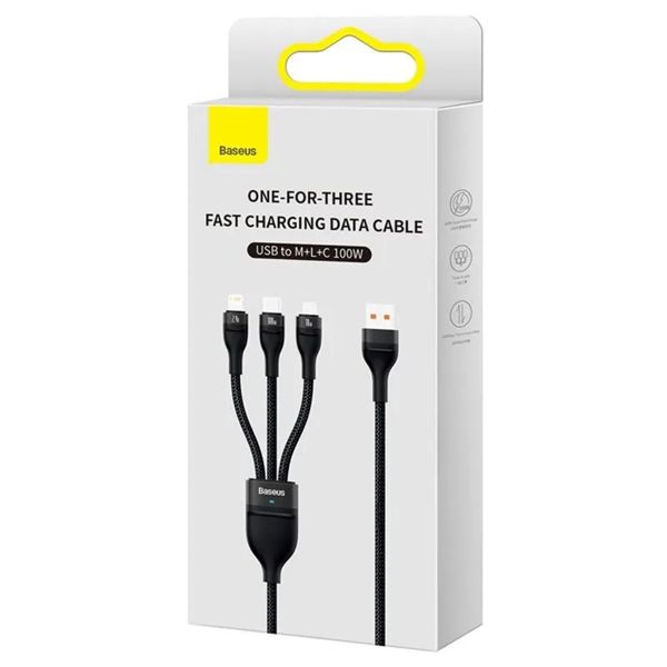 Baseus Flash Series 2 – 3-in-1-Schnellladekabel – USB-A zu USB-C/Lightning/Micro-USB – 100 Watt – 1,2 Meter – Schwarz