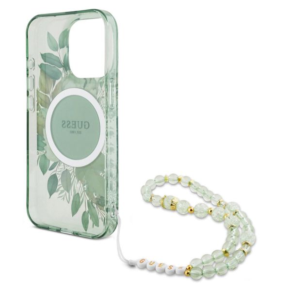 Guess MagSafe IML Flowers Case mit Beads Strap für das iPhone 15 Pro Max - Green