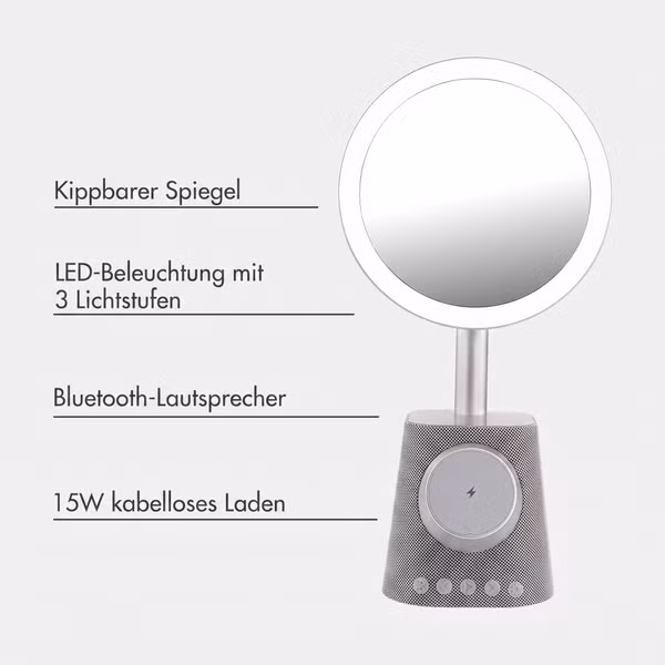 imoshion Make-up-Spiegel mit Bluetooth-Lautsprecher und kabellosem Ladegerät - Silber