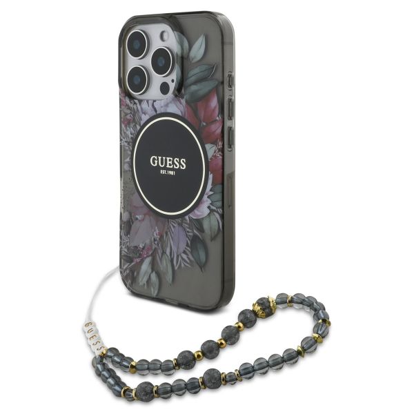 Guess MagSafe IML Flowers Case mit Beads Strap Apple iPhone 16 Pro Max - Schwarz