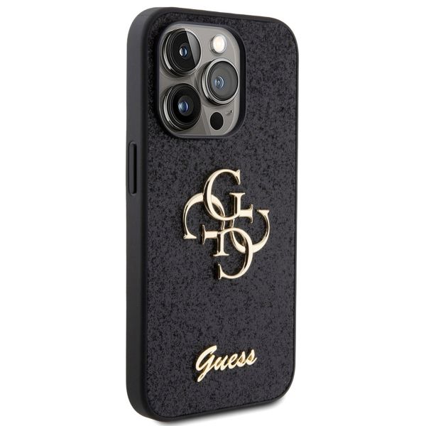 Guess 4G Metal Logo Back Cover mit Glitter für das iPhone 15 Pro - Schwarz